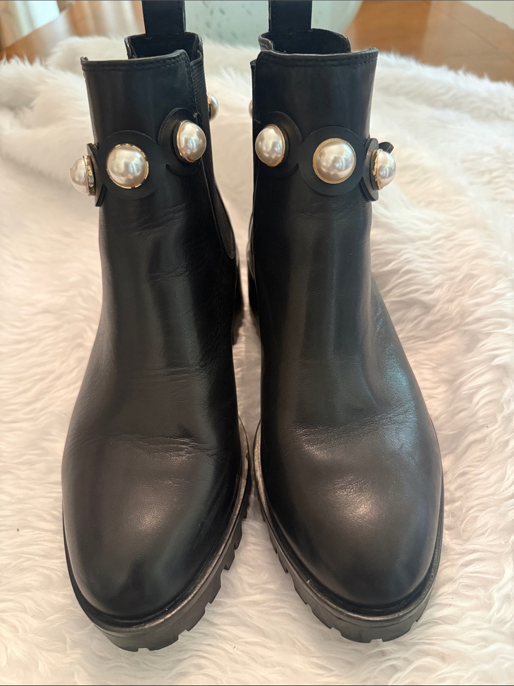 Karl Lagerfeld Black Pearl-Embellished Women's Leather Ankle Boots